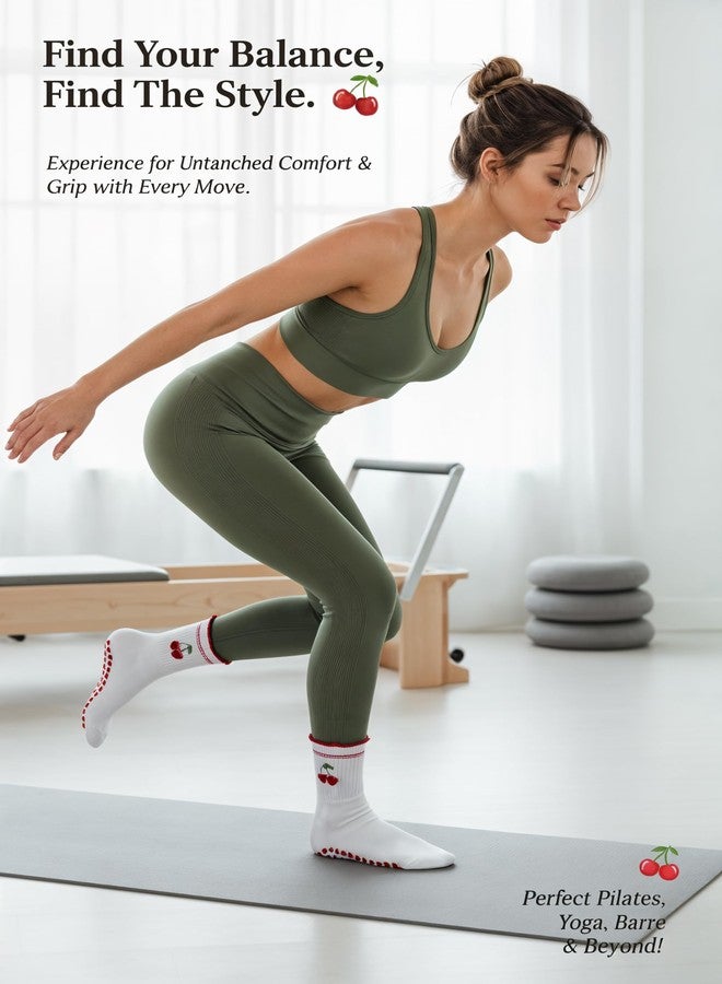 Mokde Mondge Pilates Socks with Non-Slip Grips Yoga Grippy Barre Workout Athletic Crew Anti-Slip Grip Socks for Women (US, Numeric, 5, 10, Regular, Regular, 3 Pairs red cherry ruffle) - Image 4