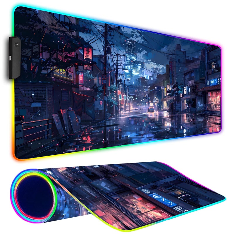 Armanza RGB Gaming Mouse Pad, Large Mousepad with Led Light, Gaming Accessories Keyboard Pad for Desk, Non-Slip Rubber Base Big Mouse Mat for Gamer, 31.5 X 11.8 Inch, Japanese Streets - Image 1