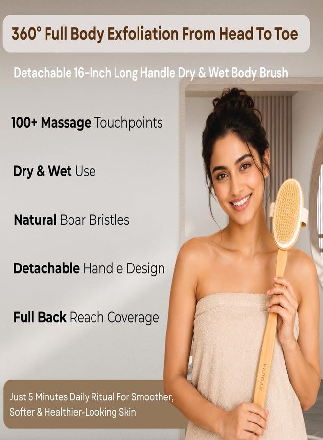 Avoura Premium Dry Brushing Body Brush | 360° Full Body Exfoliation |16-Inch Long Reach Handle | Detachable Long Handle Bath Brush | Women & Men Ayurvedic Rituals | Lymphatic Drainage & Cellulite Care - Image 2