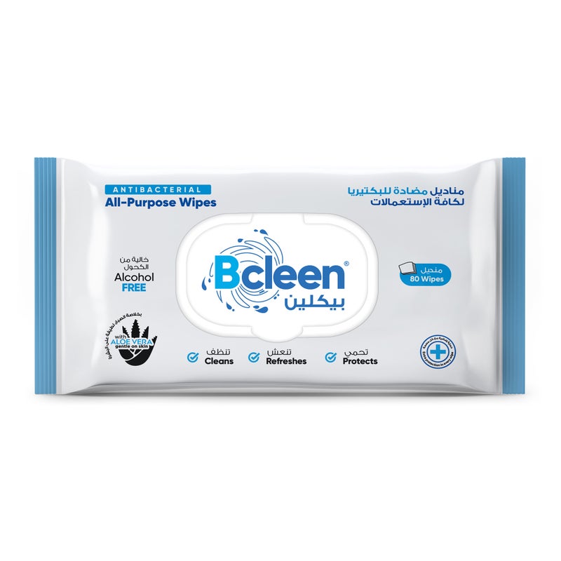 Bcleen مناديل مضادة للبكتيريا 20X17 سم مع غطاء قابل للطي 45 جرام [80 مناديل × 1 عبوة] - Image 1
