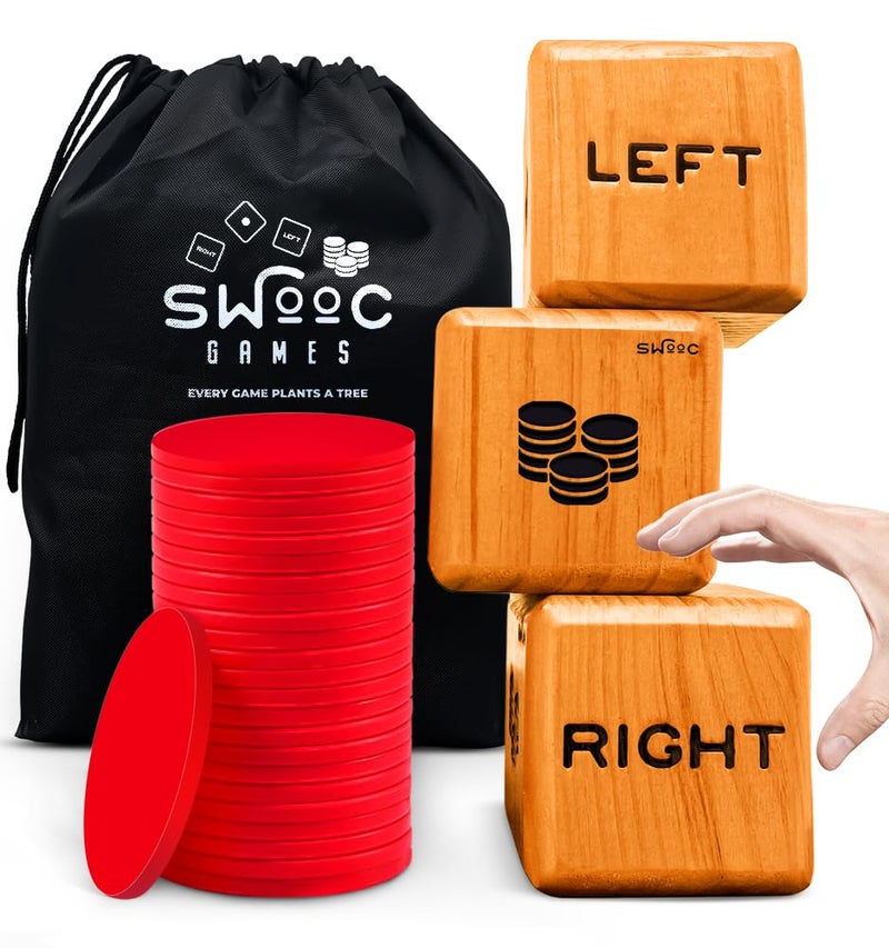 SWOOC Games Giant Right Center Left Dice Game All Weather with 24 Large Chips Carry Bag Jumbo Wooden Lawn Game Big Backyard Games for Family IndoorOutdoor Left Right Center Dice Set - Image 4