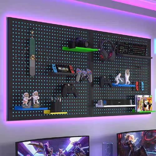 Qustikuri Peg Board with RGB+IC LED Strip Lights,2PCS Metal Pegboard Panels,Heavy Duty Pegboard Gaming Room Wall Organizer with Hooks,DIY RGB Gaming Setup Organizer Peg Board Wall Mounted 12 * 24” - Image 2