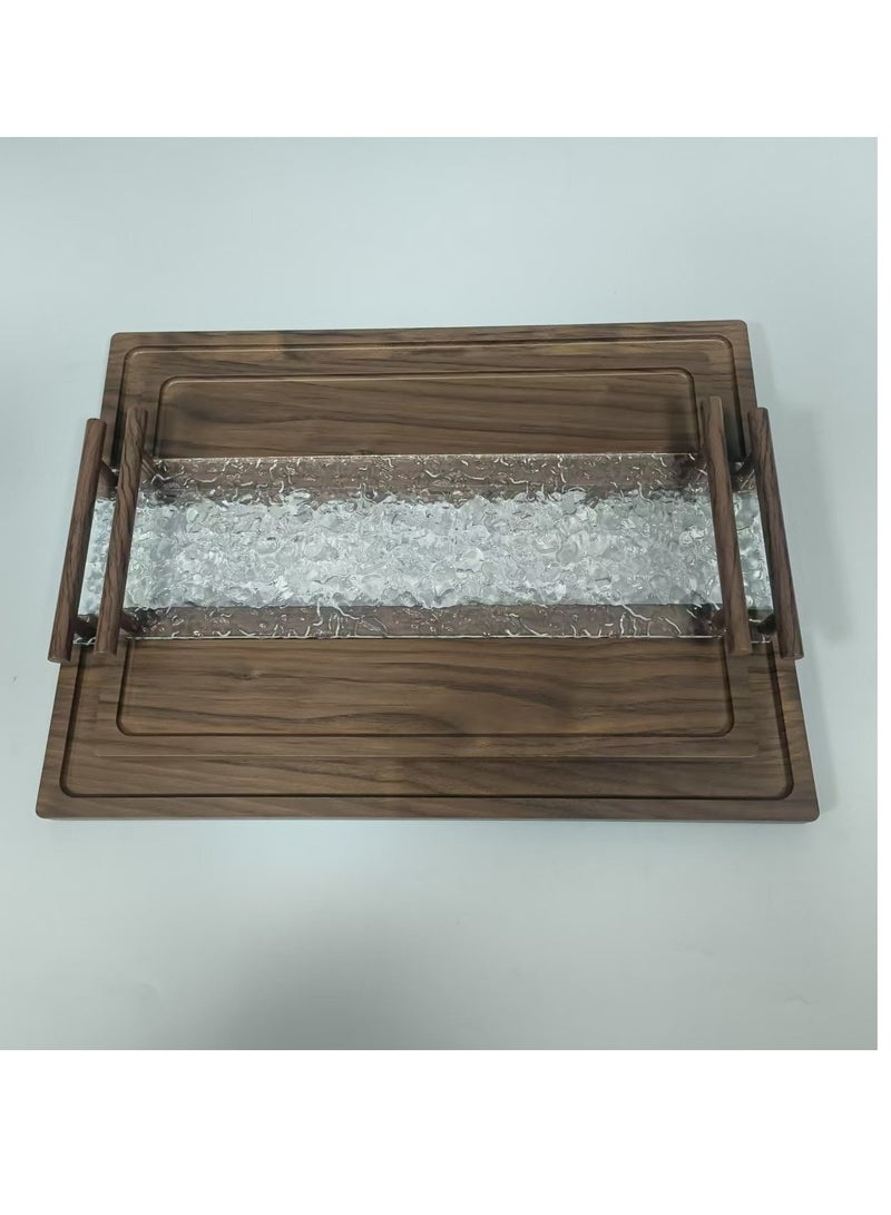 طقم 2 قطعة من صينية خشبية وأكريليك مع مقابض، صينية تقديم زخرفية لطاولة القهوة، الشاي، تخزين مستطيلة