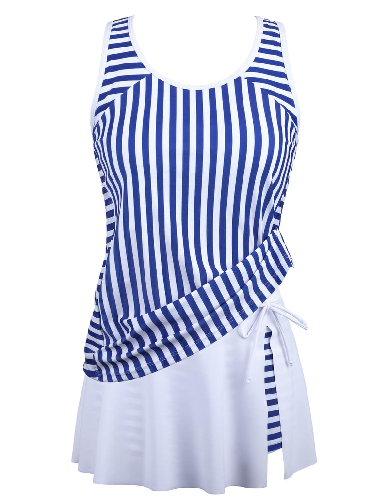 Firpearl Athletic Bathing Suit for Women Tankini Top with Swim Skirt Bottom Tummy Control Slimming Swimwear Blue Stripes XL/12-14 - Image 5