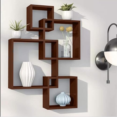DDS Dream Decor Shoppee Floating Shelves for Wall Set of 5 Intersecting Wall Mounted Wall Shelf Solid Wood Floating Shelves Wall Decor for Bedroom, Room, Living Room, Kitchen Bedroom (Brown) - Image 1