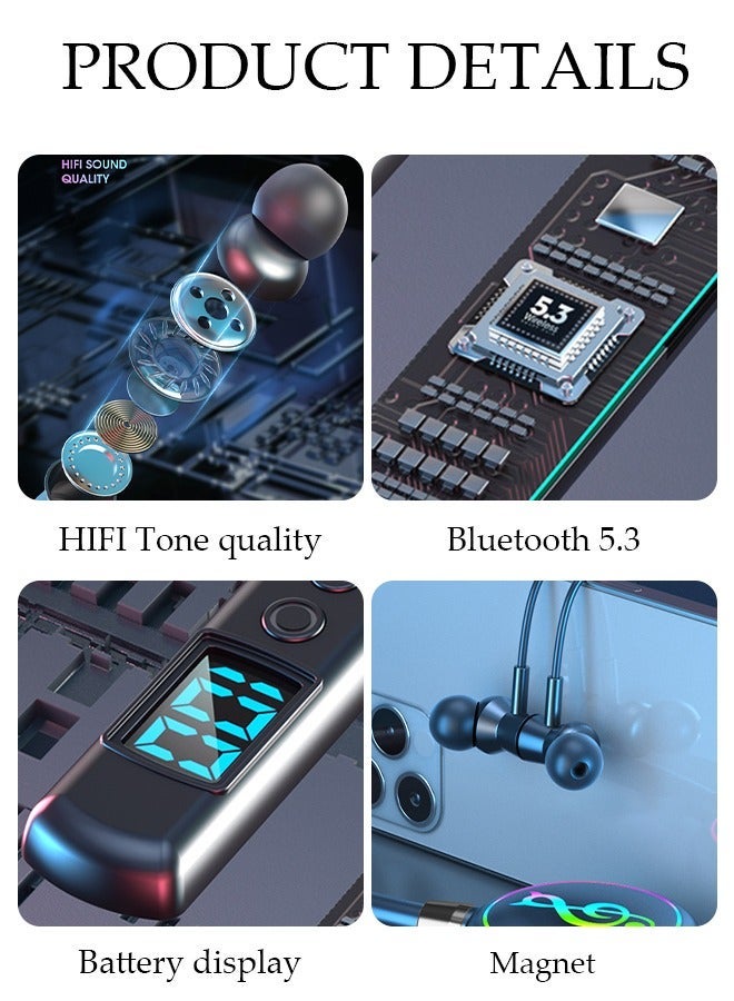 DUNISO Neckband Bluetooth Headphones Waterproof RGB Ligh HiFi Deep Gym Headset with Digital Display Microphone for Phone Call Music Sports Foldable Bluetooth V5.3 Headset - Image 2