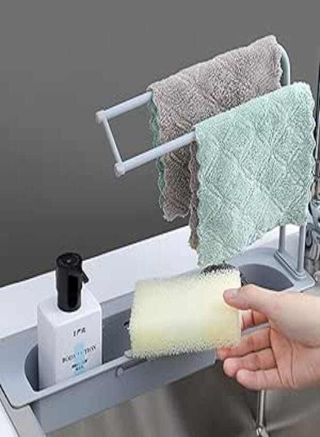 Telescopic Sink Holder,Kitchen Sink Storage Rack, Expandable Dish Caddy Sponge Soap Drying Rack, Drain Basket Tray Caddy Shelf Organizer Scrubber and Adjustable Hanger with Towel Bar