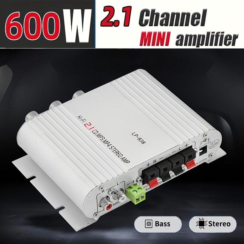 600W Power Car Audio Power Amplifier 2 1 Channel Hifi Stereo Mini Amplifier Bass Car Speaker Amplifier Supports 3 5mm Input For Car Speakers PC Home Theater TV MP3 Silvery - Image 1