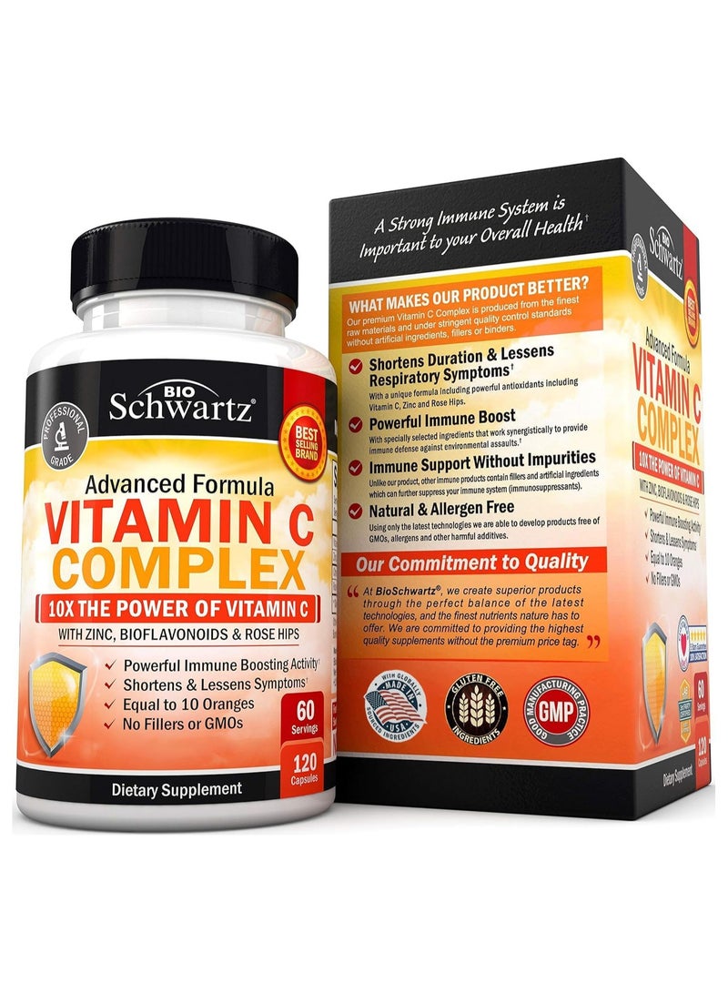 BioSchwartz Vitamin C Complex Supplement - Vitamin C 1000mg Capsules with Rose HIPS Zinc and Citrus Bioflavonoids (60 Day Supply) - Supports Immune Health, Cellular Energy, Collagen Production, 120 Count - Image 2