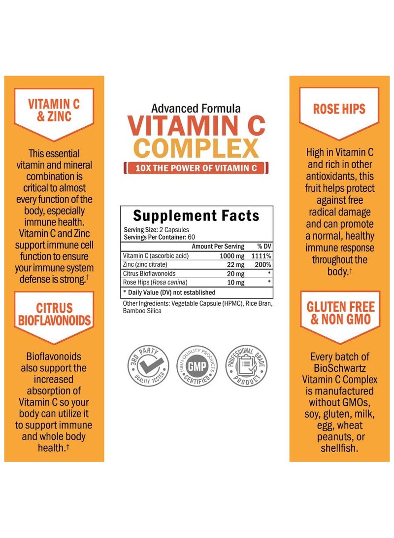 BioSchwartz Vitamin C Complex Supplement - Vitamin C 1000mg Capsules with Rose HIPS Zinc and Citrus Bioflavonoids (60 Day Supply) - Supports Immune Health, Cellular Energy, Collagen Production, 120 Count - Image 3