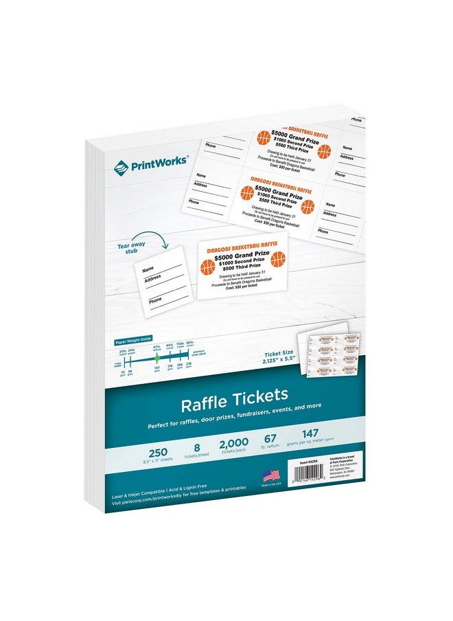 PrintWorks Raffle Tickets, Perforated Cardstock For Tickets With Tear-Away Stubs, 8.5 X 11, 67Lb/147Gsm, 8 Tickets Per Sheet, 250 Sheets, 2000 Tickets Total, White (04296) (2.125 X 5.5)  - Image 1