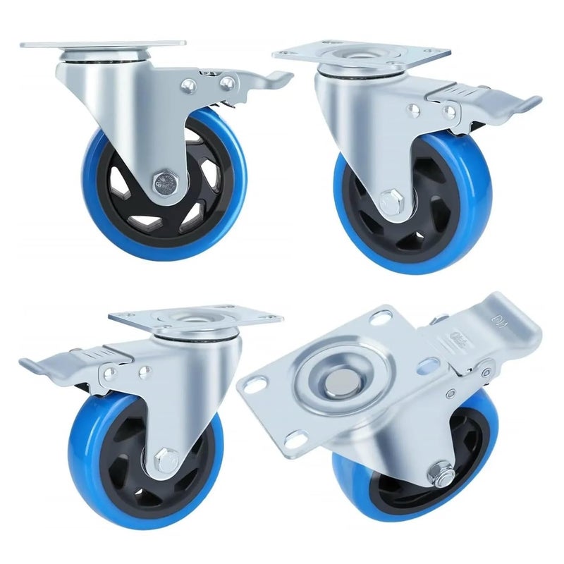 Heavy Duty 4PC 100mm Swivel Castors with Brake Polyurethane Wheels for Transport Cart 150kg Capacity - Image 2