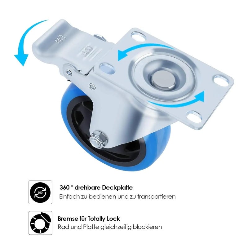 Heavy Duty 4PC 100mm Swivel Castors with Brake Polyurethane Wheels for Transport Cart 150kg Capacity - Image 3