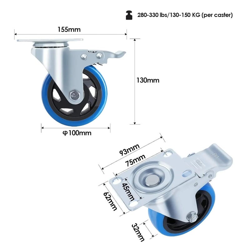 Heavy Duty 4PC 100mm Swivel Castors with Brake Polyurethane Wheels for Transport Cart 150kg Capacity - Image 4