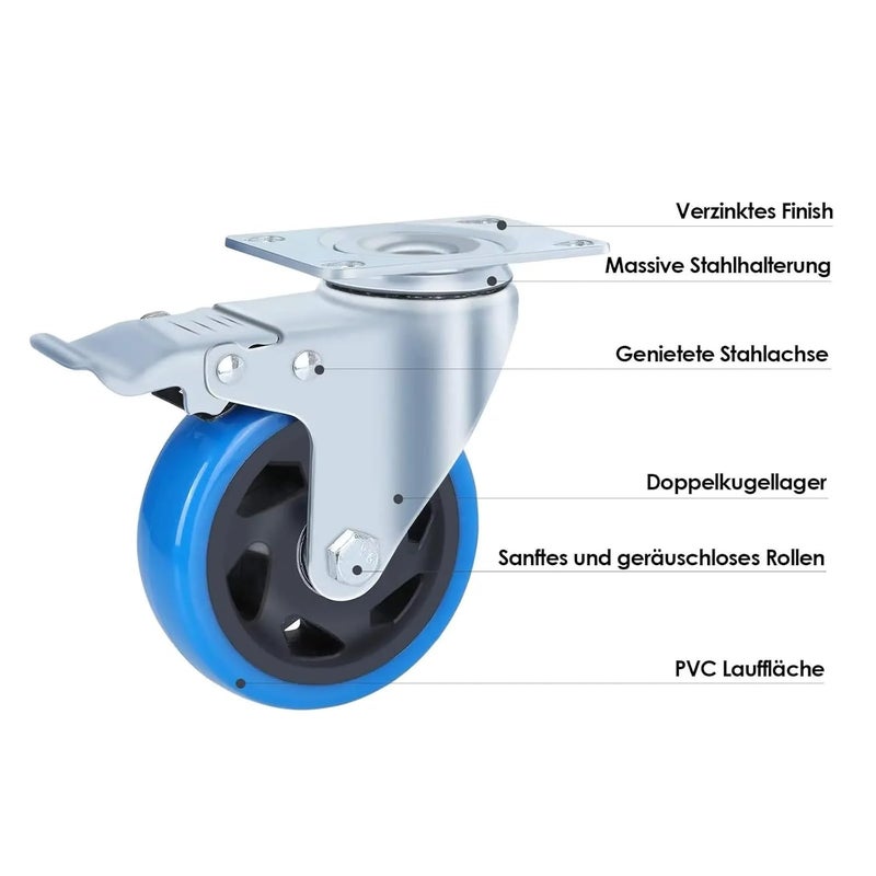 Heavy Duty 4PC 100mm Swivel Castors with Brake Polyurethane Wheels for Transport Cart 150kg Capacity - Image 5