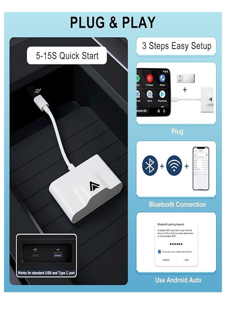 Wireless Android Auto Car Adapter,Wireless Android Auto Dongle - Connects Automatically to Android Auto,Easy Plug and Play Setup (White)