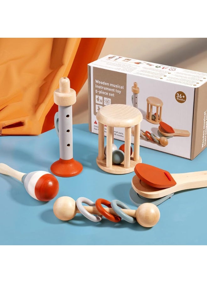 Capstro Wooden Musical Instrument Toy – 5PCS Montessori Percussion & Rattle Instruments with Recorder Flute, Maraca, Hand Drum, Cage Bell & Castanet, Sensory Play Gift for Kids - Image 4