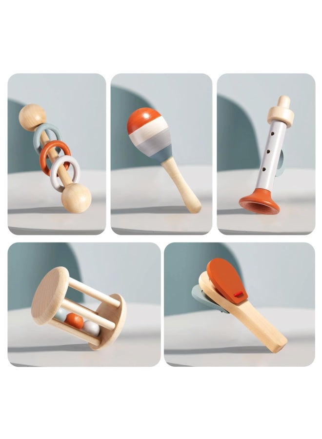 Capstro Wooden Musical Instrument Toy – 5PCS Montessori Percussion & Rattle Instruments with Recorder Flute, Maraca, Hand Drum, Cage Bell & Castanet, Sensory Play Gift for Kids - Image 5