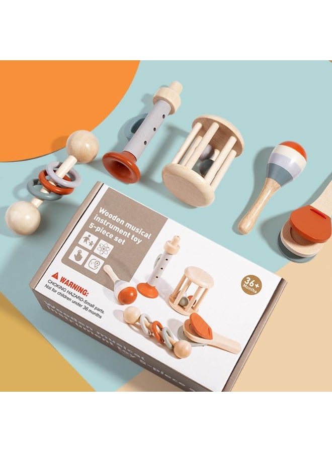 Capstro Wooden Musical Instrument Toy – 5PCS Montessori Percussion & Rattle Instruments with Recorder Flute, Maraca, Hand Drum, Cage Bell & Castanet, Sensory Play Gift for Kids - Image 2