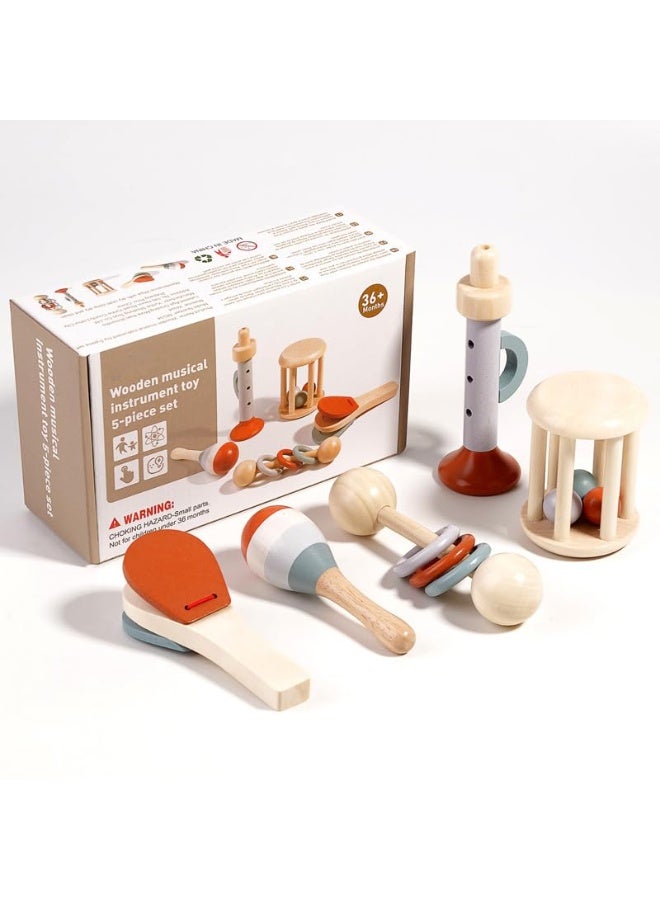 Capstro Wooden Musical Instrument Toy – 5PCS Montessori Percussion & Rattle Instruments with Recorder Flute, Maraca, Hand Drum, Cage Bell & Castanet, Sensory Play Gift for Kids - Image 1