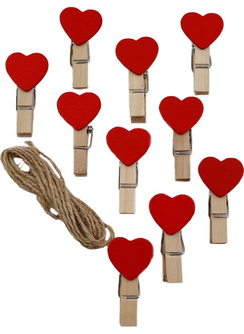 Repro Design Colorful Heart Figured Wooden Peg (Photo Peg) 10 Pieces Size: 3.5 cm With String  - Image 1