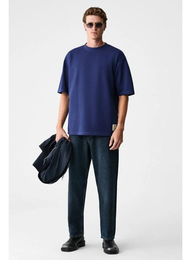Grimelange JOEL Men's %100 Organic Cotton Thick Fabric Special Textured Label Detailed Oversized Navy T-Shirt.