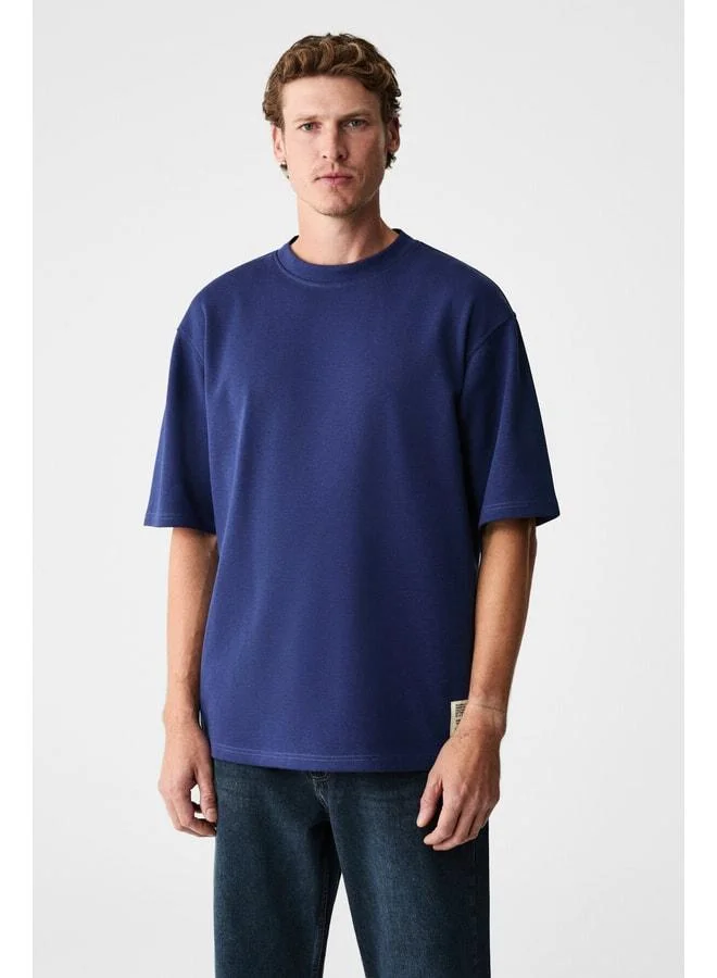 Grimelange JOEL Men's %100 Organic Cotton Thick Fabric Special Textured Label Detailed Oversized Navy T-Shirt.