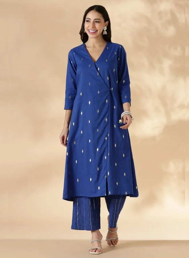 أبهشتي Blue Overlap Lurex Kurta with Straight Pants
