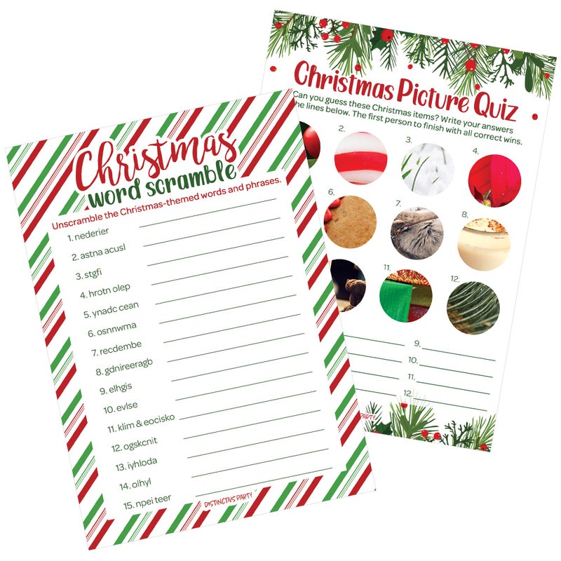 DISTINCTIVS Christmas Party Games Festive Holiday Word Scramble and Christmas Picture Quiz 2 Game Bundle 25 Dual Sided Cards - Image 2