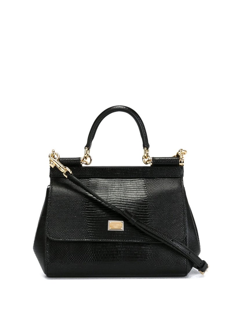 D&G Dolce&Gabbana Black Lizard Pattern Leather Sicily Bag - Gold Hardware, Top Handle and Convertible Strap, Signature Sign, Luxury Structured Handbag for Daily and Formal Occasions, Exquisite Luxury Small Bag, Gift Box Packaging, Banquet Small Bag - Image 5