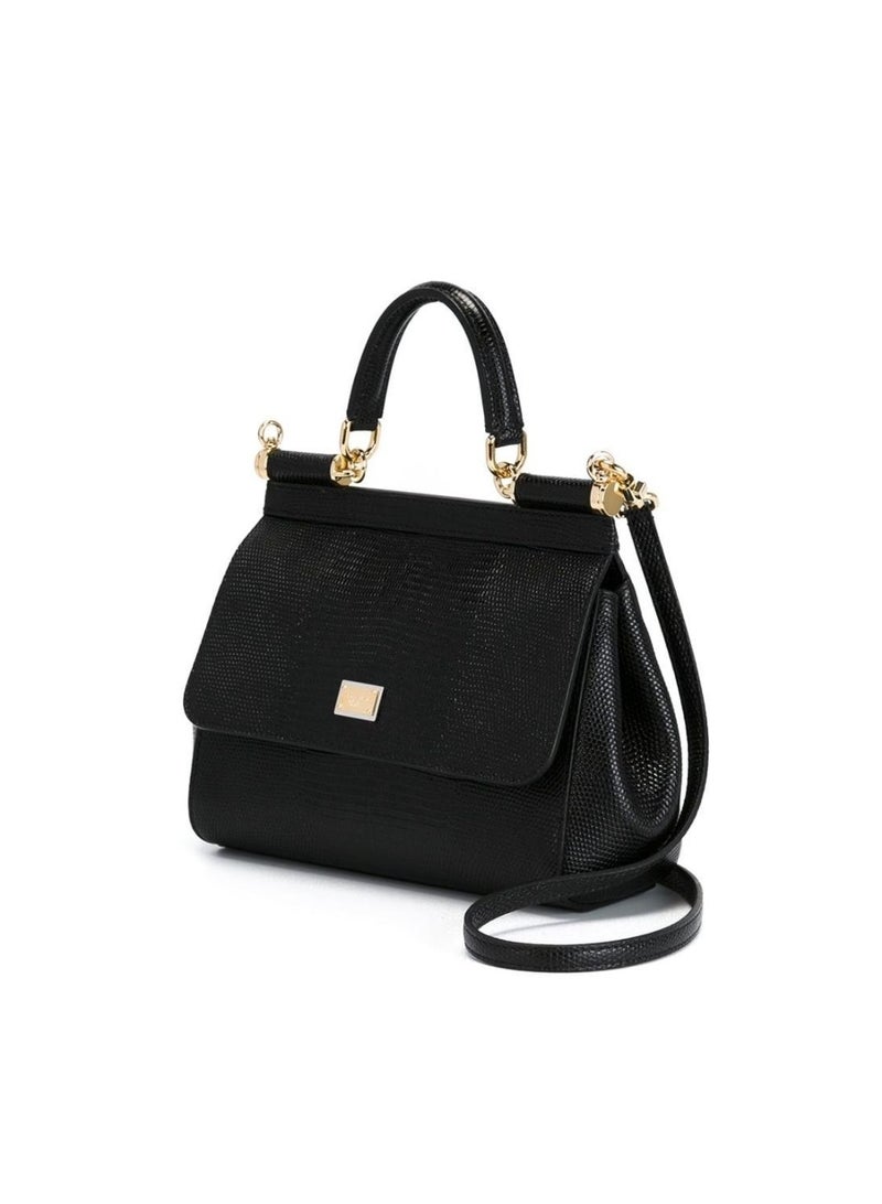 D&G Dolce&Gabbana Black Lizard Pattern Leather Sicily Bag - Gold Hardware, Top Handle and Convertible Strap, Signature Sign, Luxury Structured Handbag for Daily and Formal Occasions, Exquisite Luxury Small Bag, Gift Box Packaging, Banquet Small Bag - Image 4