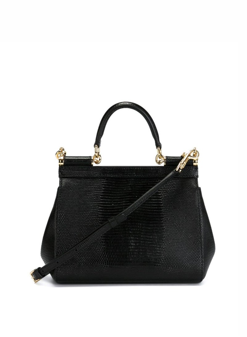 D&G Dolce&Gabbana Black Lizard Pattern Leather Sicily Bag - Gold Hardware, Top Handle and Convertible Strap, Signature Sign, Luxury Structured Handbag for Daily and Formal Occasions, Exquisite Luxury Small Bag, Gift Box Packaging, Banquet Small Bag - Image 3
