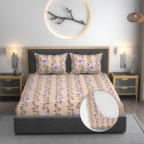 AMEYAA 350 TC Cotton Feel Glace Cotton All Around Elastic Fitted Bedsheets Single Size Premium Super Soft Fitted Bedsheet Single Size with 1 Pillow Cover Fits Up to 6 to 8 Inches, 78 x 48, Beige Bail - Image 2