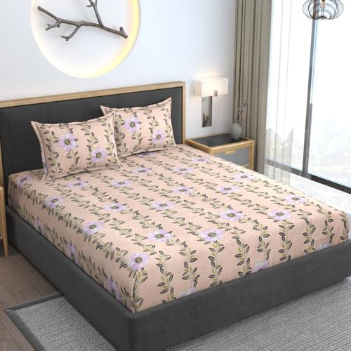 AMEYAA 350 TC Cotton Feel Glace Cotton All Around Elastic Fitted Bedsheets Single Size Premium Super Soft Fitted Bedsheet Single Size with 1 Pillow Cover Fits Up to 6 to 8 Inches, 78 x 48, Beige Bail - Image 1
