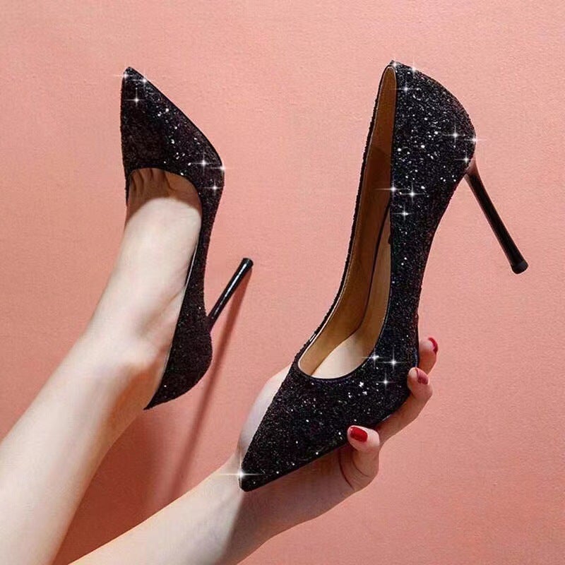 Sequin Black Red Bottom High Heels Stiletto 2024 Autumn New Beautiful Wedding Shoes Nightclub Pointed Plus Size Shoes - Image 3