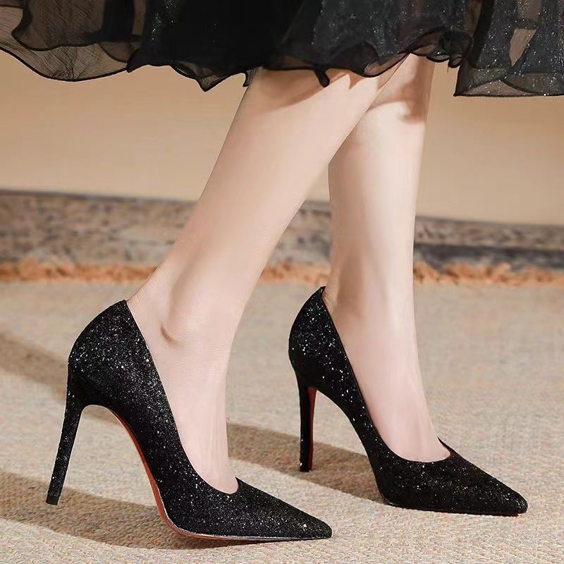Sequin Black Red Bottom High Heels Stiletto 2024 Autumn New Beautiful Wedding Shoes Nightclub Pointed Plus Size Shoes - Image 4