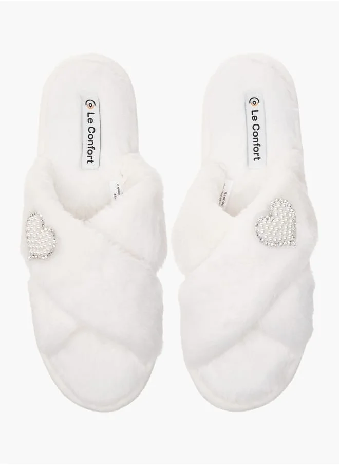 لو كونفورت Womens Faux Fur Cross Strap Bedroom Slides