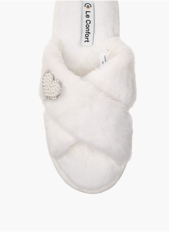 Le Confort Womens Faux Fur Cross Strap Bedroom Slides  - Image 3