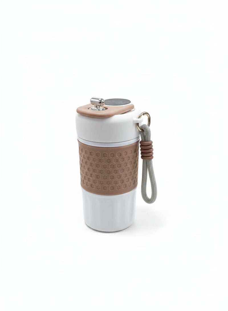 Spaceshoop Small Urban Edge 450ml Insulated Travel Tumbler Leak Proof Sports Mug with Silicone Grip and Carry Loop Brown - Image 1