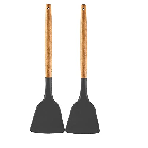 P-Plus International Silicone Spatula Turner, Wooden Handle Flexible & Heat Resistant Rubber Spatulas, Non-Stick & Non-Scratch Spatula,for Flipping Eggs (Grey, Pack of 2) - Image 1