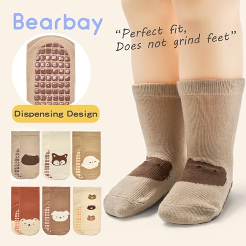 Bearbay Baby Socks 6 Pairs - Non-Slip Gripper for Toddlers, Infants & Kids, Soft Cotton Crew Socks for Boys & Girls - Image 2