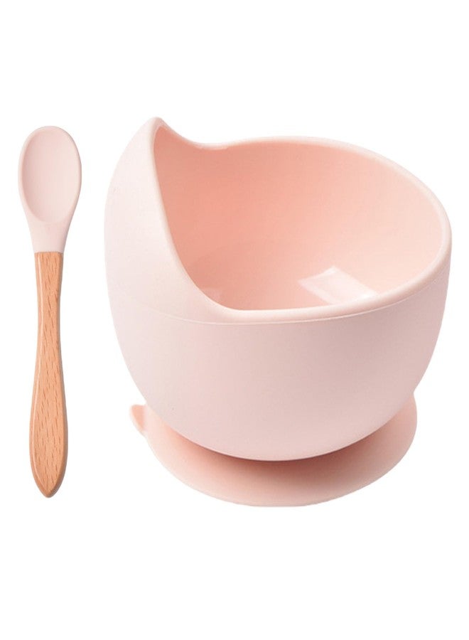 HENIJ® Silicone Baby Feeding Bowl and Spoon Set, Suction Base and Wooden Spoon Kit First Stage Self Training Feeding Sets for Toddler Kids, Pack of 1, Light Pink - Image 1