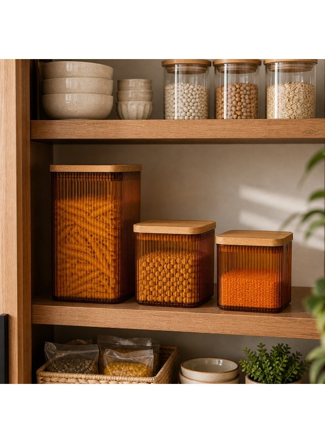 Ribbed Food Storage Container Set 3 Pieces BPA-Free Airtight Wood-Look Lid Kitchen Fridge Pantry 2.1 Liters, 0.9 Liters × 2 (Orange) - Image 3