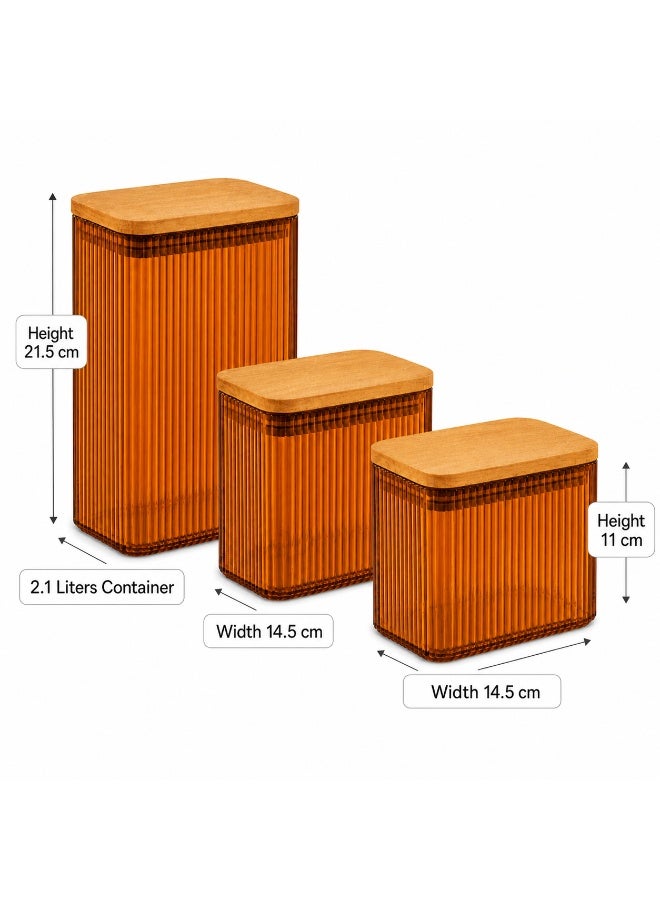 Ribbed Food Storage Container Set 3 Pieces BPA-Free Airtight Wood-Look Lid Kitchen Fridge Pantry 2.1 Liters, 0.9 Liters × 2 (Orange) - Image 4