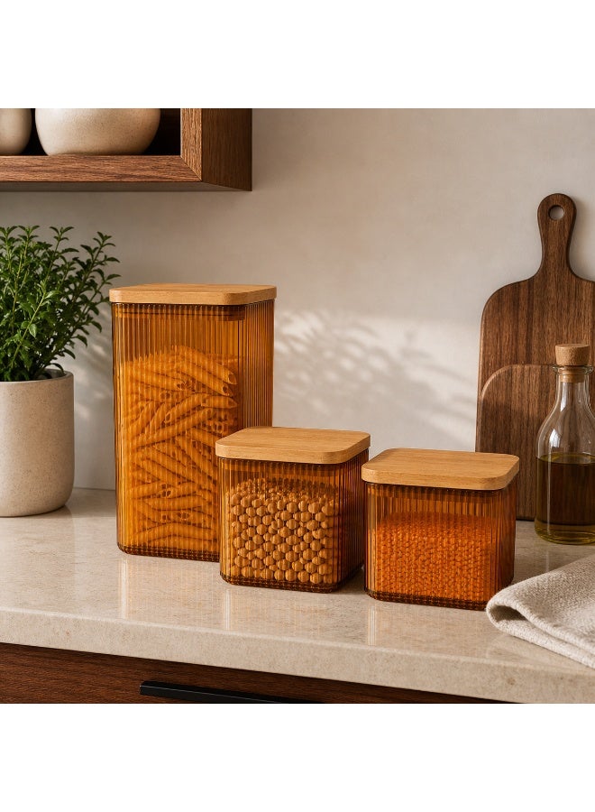Ribbed Food Storage Container Set 3 Pieces BPA-Free Airtight Wood-Look Lid Kitchen Fridge Pantry 2.1 Liters, 0.9 Liters × 2 (Orange) - Image 2
