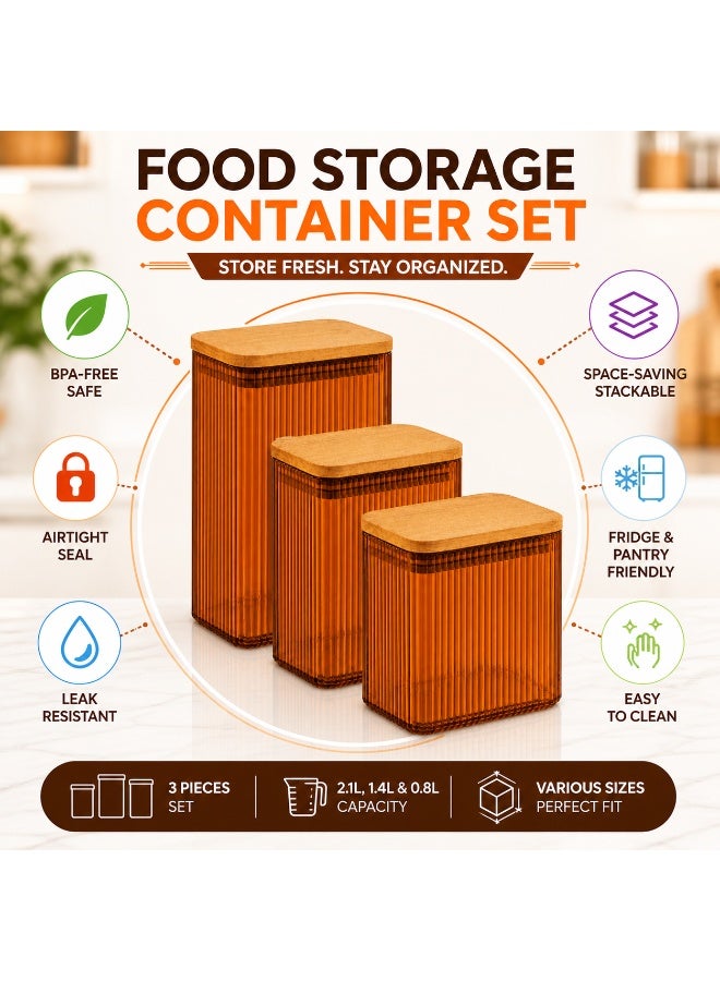 Ribbed Food Storage Container Set 3 Pieces BPA-Free Airtight Wood-Look Lid Kitchen Fridge Pantry 2.1 Liters, 0.9 Liters × 2 (Orange) - Image 5
