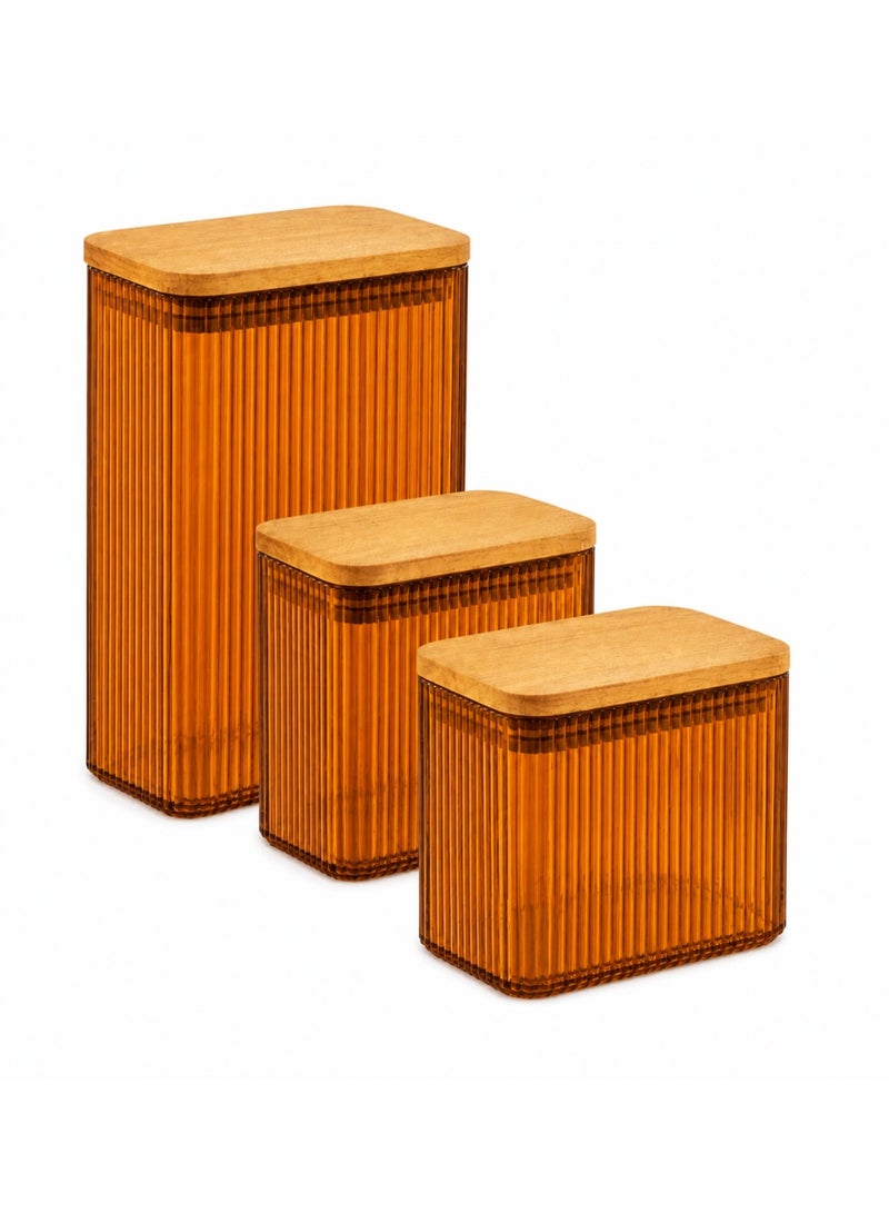 Ribbed Food Storage Container Set 3 Pieces BPA-Free Airtight Wood-Look Lid Kitchen Fridge Pantry 2.1 Liters, 0.9 Liters × 2 (Orange) - Image 1
