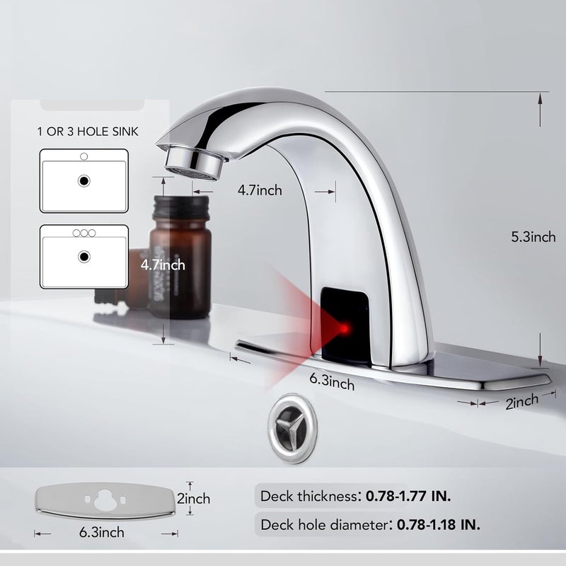 HOOMEE Automatic Touchless Bathroom Sink Faucet Commercial Sensor Motion Activated Hands Free Basin Auto Tap with Deck Cover Plate Battery Operated Temperature Valve Water Saving Modern Stylish（Chrome） - Image 2