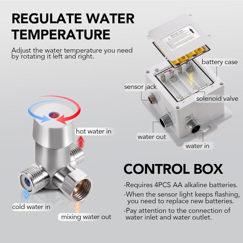 HOOMEE Automatic Touchless Bathroom Sink Faucet Commercial Sensor Motion Activated Hands Free Basin Auto Tap with Deck Cover Plate Battery Operated Temperature Valve Water Saving Modern Stylish（Chrome） - Image 4