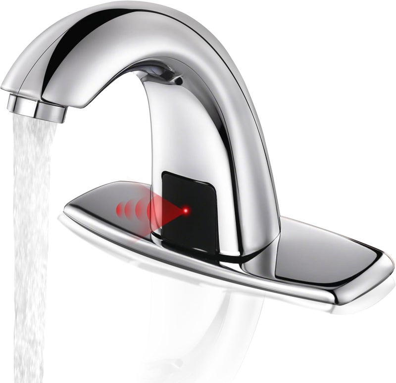 HOOMEE Automatic Touchless Bathroom Sink Faucet Commercial Sensor Motion Activated Hands Free Basin Auto Tap with Deck Cover Plate Battery Operated Temperature Valve Water Saving Modern Stylish（Chrome） - Image 1